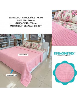 ETEHOMETEX ÇİFT KİŞİLİK HAVUZLU PİKE TAKIMI PEMBE 8696474231885